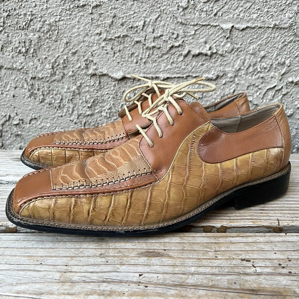Stacy Adams Dress Shoes Men Size 11 Brown Crocodile Leather Oxford Gators